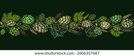 Hops branch, malt seamless pattern. Herb green border for beer design. Lager alcohol drink brewery, food ingredient. Vintage print, decoration and ornament. Sketch of plant, cones, leaves, cereal