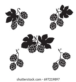 Hops cone hand drawn silhouette set, black and white version
