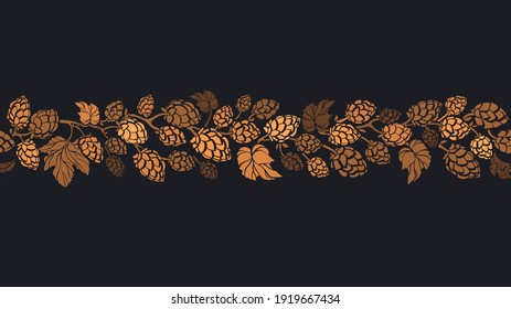 Hops cone seamless pattern. Vector cereal illustration, nature texture print on black background. Herbal silhouette bent branch. Organic design for beer print, pub

