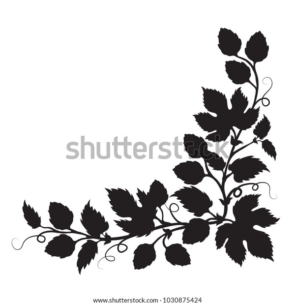 Hops cones and flowers with leaves, hand drawn\
vector silhouette corner