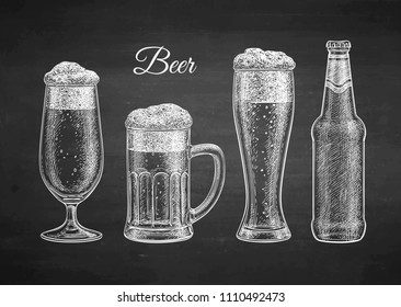 Hops, malt, beer glass and beer mug. Isolated on white background. Hand drawn vector illustration. Retro style.