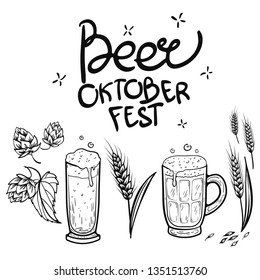 Hops malt beer glass and beer mug isolated on white background hand drawn vector sketch set illustration.