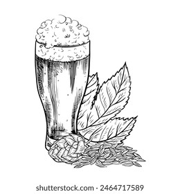 Hops, malt, beer glass and beer mug. Vector black and white hand-drawn illustration on a white background. A design element for a pub or restaurant menu, label and poster, logo and packaging.