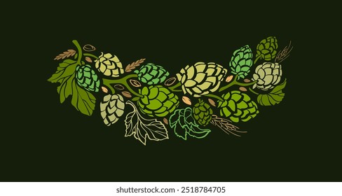 Diseño de lúpulo y malta. Rama verde de hierba para la elaboración de cerveza. Cervecería de bebidas alcohólicas más grande, ingrediente alimentario. Antiguas borde, decoración y adorno. Boceto de planta, conos, hojas