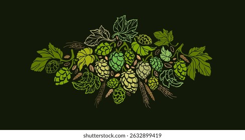 Hops and malt design. Herb green branch for beer brewing. Lager alcohol drink brewery. Vintage border, decoration and ornament. Sketch of fresh plant, cones, texture leaves on dark backdrop