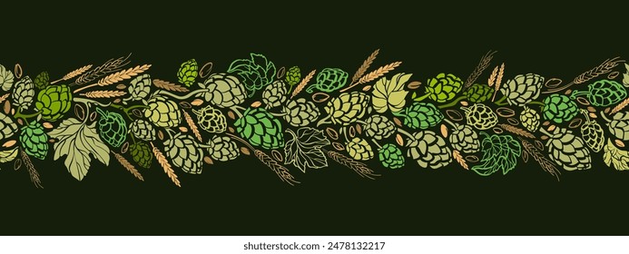 Hops and malt pattern. Herb green branch for beer brewing. Lager alcohol drink brewery, food ingredient. Vintage endless border, decoration and ornament. Sketch of plant, cones, leaves