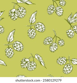 Hops plant hand drawn vector seamless pattern