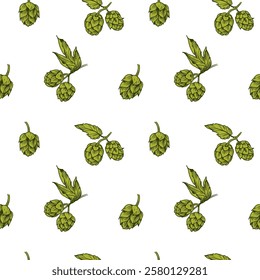 Hops plant hand drawn vector seamless pattern