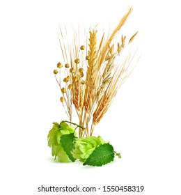 Hops and ripe spikelets low poly. Fragrant hop plant.  The art of brewing. Hops and Cereals in triangulation technique.