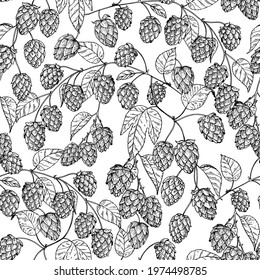 Hops seamless pattern. Vector illustration. Background with hop. Hand drawn sketch design.  Black and white