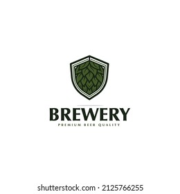 hops with shield logo design, brewery logo, vector shield hops, modern and clean logo, beer, icon, emblems