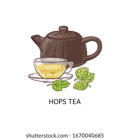 Hops tea - cup and teapot with healthy yellow herbal drink from hop plant, fresh medicinal herb in leaf and beverage form, isolated hand drawn vector illustration