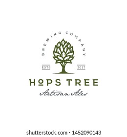 Hops with Tree for Vintage Beer Brewing Brewery logo design