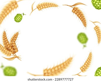 Hops and wheat, barley falling on white background. Beer ingredients. Beer hop cones reallistic vector illustration.