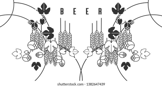 Hops and wheat. Craft beer label, brewing ingredients. Illustration for brewery, pub, bar, restaurant. Horizontal pattern, background. Modern line style.