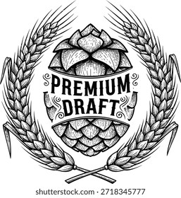 Corona de lúpulo Ilustración vectorial de cerveza de barril premium para la cervecería artesanal diseño de etiqueta de bebida alcohólica y bar pub logo aislado negro sobre transparente