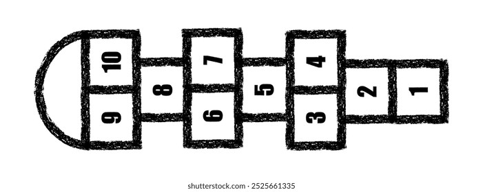 Hopscotch activity game drawn by chalk with numbers on white background. Hopscotch playground game with texture.