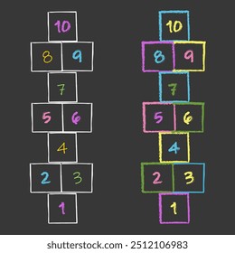 Dessin à la craie Hopscotch, jeu de saut d'obstacles pour enfants. Hop scotch avec des chiffres. Plaisirs d'été en plein air. 
