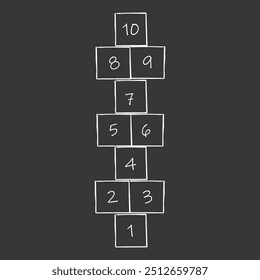 Hopscotch Kreide Doodle Zeichnung, Straße Springen Spiel Kinder Aktivität. Hopp Scotch mit Zahlen. Sommerspaß im Freien. 