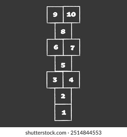 Hopscotch giz doodle desenho, rua Salto jogo crianças atividade. Escoteiro saltitante com números. Diversão de verão ao ar livre. 