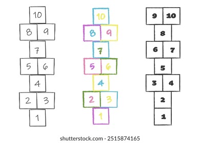 Dessin à la craie Hopscotch, jeu de saut d'obstacles pour enfants. Hop scotch avec des chiffres. Plaisirs d'été en plein air. 