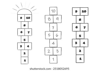 Dessin à la craie Hopscotch, jeu de saut d'obstacles pour enfants. Hop scotch avec des chiffres. Plaisirs d'été en plein air. 
