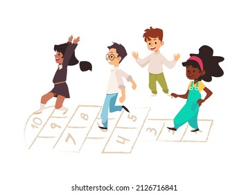 Hopscotch juego de la actividad infantil, aislado. Los niños hispanos, negros y blancos están saltando por el whisky de lúpulo. Dibujo vectorial plano de dibujos animados.