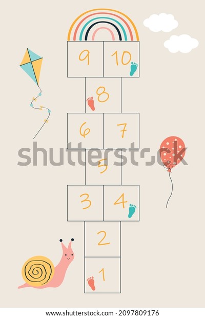 Hopscotch children game . Cute vector illustration\
of a summer kids outdoor game. Cartoon hopscotch painted on asphalt\
for a baby. A jumping\
game.