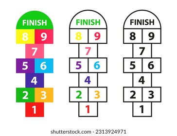 Hopscotch. Children's game 'classes' colored with numbers.  Playground with numbers. Drawn in colored chalk. Vector illustration