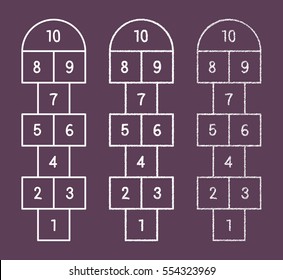 Hopscotch childrens game drawn with chalk on pavement, playground with figures and numbers, court laid out on the ground, modern schoolyard court design