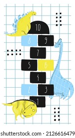 Hopscotch. Colorful rug for a children's room with cartoon dinosaurs. Hand-drawn, flat style. In blue and yellow colors. Vector.