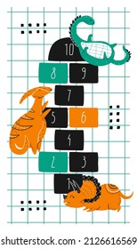 Hopscotch. Colorful rug for a children's room with cartoon dinosaurs. Hand-drawn, flat style. In green and orange colors. Vector.