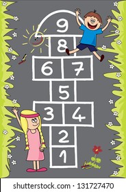 Hopscotch. Fully, easily editable vector illustration that can be used at any size. Included files: EPS10, JPG. No gradients, no transparencies.