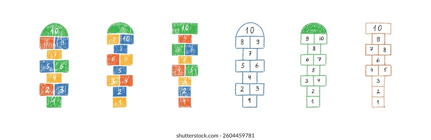 Hopscotch game child, fun outdoor activity for kids. Flat vector illustration isolated on white background.