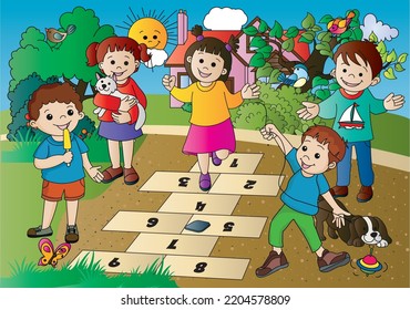 Hopscotch game, children playing, vector page, girls and boys