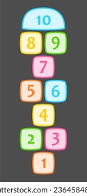 Hopscotch game with colorful numbers on dark background. Learn numbers by playing.