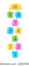 Hopscotch game drawn with irregularly shaped paint drops. Outddor game for children. Learning numbers and jumping.