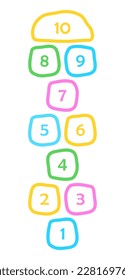 Hopscotch game isolated on white. Hopscotch game with colored numbers. Outdoor game for children. Learning numbers. 