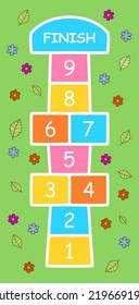 Hopscotch game with numbers and colors. Green color background with flowers and leaves.