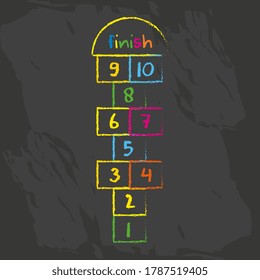 Hopscotch Game Symbol of Childhood. Childrens game drawn with chalks.playground with numbers.isolated vector illustration.