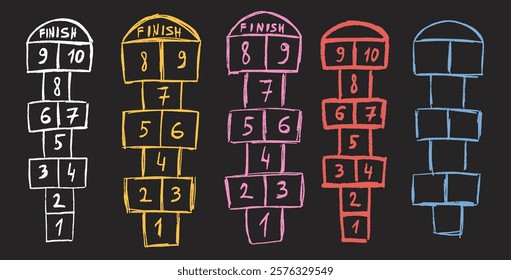 Hopscotch games chalk drawn set isolated on dark background. Children playground outdoor entertainment. Vector colorful wax crayon handwritten illustration.