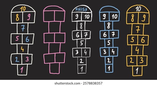 Hopscotch games chalk drawn set isolated on dark background. Children playground outdoor entertainment. Vector colorful wax crayon handwritten illustration.