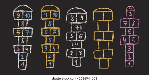 Hopscotch games chalk drawn set isolated on dark background. Children playground outdoor entertainment. Vector colorful wax crayon handwritten illustration.