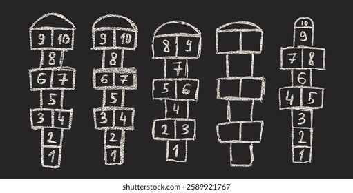 Hopscotch games chalk drawn set isolated on dark background. Children playground outdoor entertainment. Vector colorful wax crayon handwritten illustration.