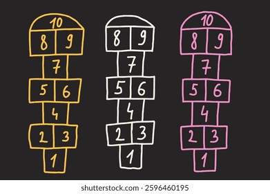 Hopscotch games chalk drawn set isolated on dark background. Children playground outdoor entertainment. Vector colorful wax crayon handwritten illustration.