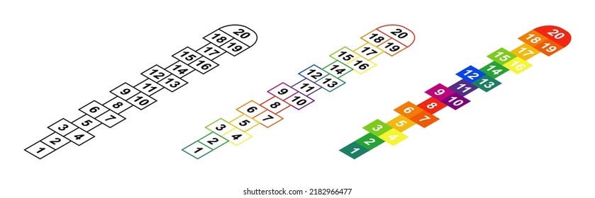 Hopscotch games set. Hop scotch chalk games icons for kids playground and school. Kid game with for jumps isolated illustration for play on street. Vector.