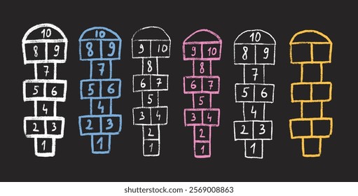 Hopscotch games set isolated on white background. Children playground outdoor entertainment. Vector colorful crayon chalk drawn illustration.