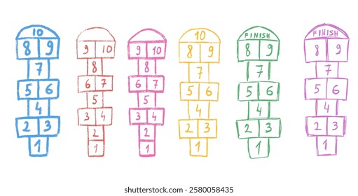 Hopscotch games set isolated on white background. Children playground outdoor entertainment. Vector chalk drawn illustration.