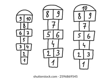 Hopscotch games set isolated on white background. Children playground outdoor entertainment. Vector chalk drawn illustration.