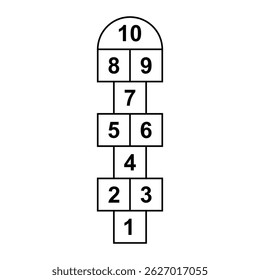 Grade de Hopscotch com números de 1 a 10. Ilustração de vetor de jogo infantil clássico para atividades ao ar livre, aprendizagem precoce ou projetos de design divertidos. Modelo preto isolado em fundo branco.